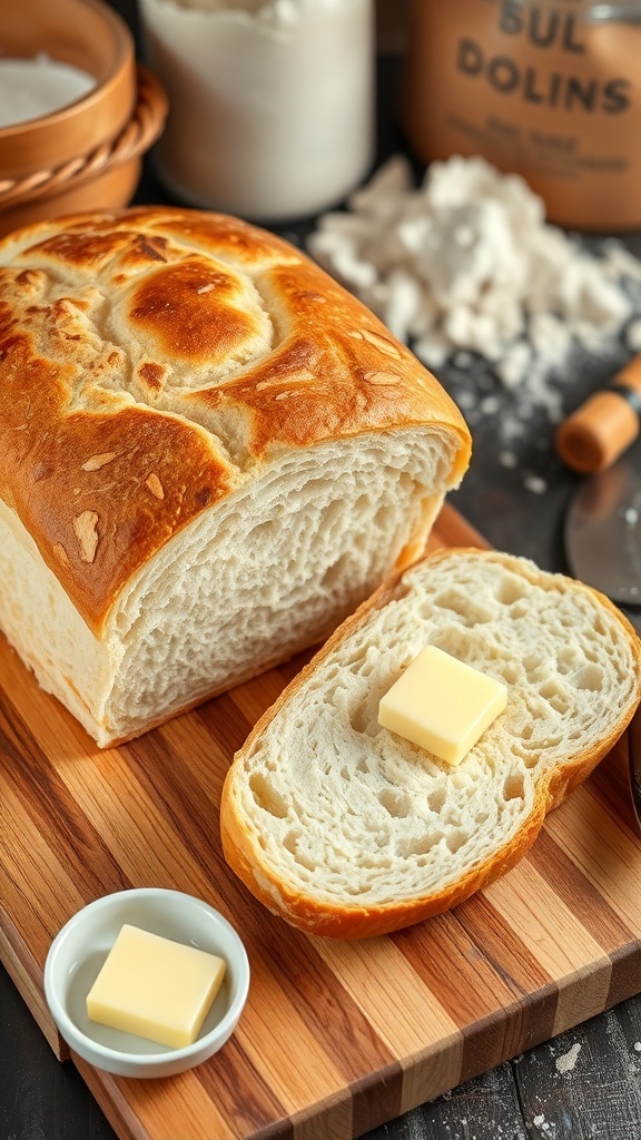 A golden crusted loaf of bread sliced on a cutting board with butter on the side.